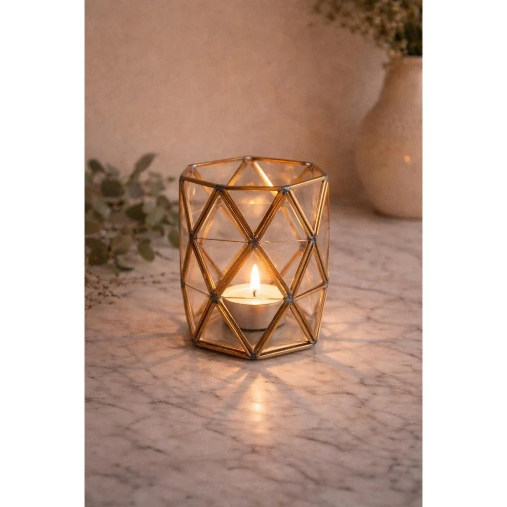 Brass Geometric Votive Holder, Faceted Glass Lantern, Modern Boho Decor